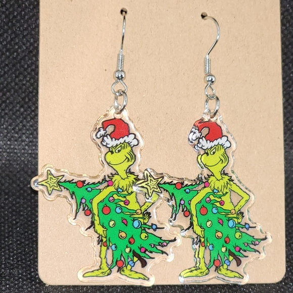 The Grinch With A Christmas Tree Dangle Earrings. Acrylic With Alloy Hook - Picture 2 of 2